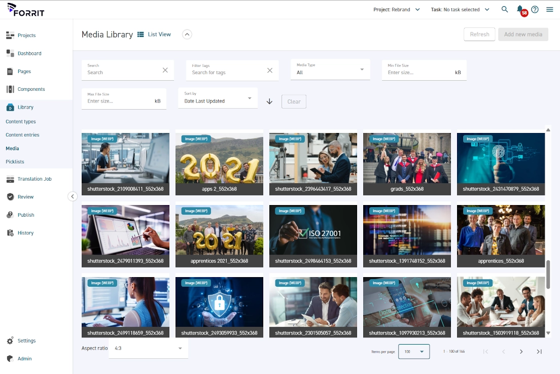 An image of Forrit's Media Library user interface showing multiple images used on this web site