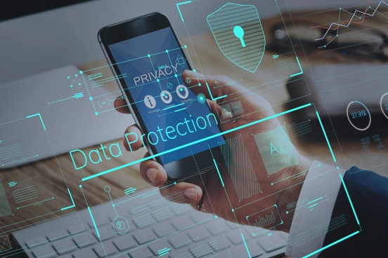 A photo of a mobile phone with the word privacy on the screen overlaid with graphics which reads Data Protection