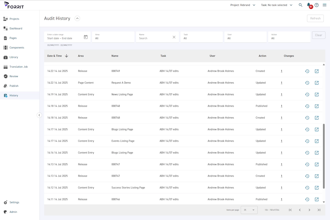 An image of the Forrit CMS showing an example of its Audit History functionality