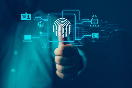 An image of an outstretched arm and a hand with the thumb pointing up, overlaid by a graphic of a fingerprint surrounded by logos of id cards and padlocks.