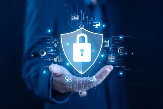 An image of a person wearing a suit with their hand outstretched, palm up appearing to support a graphical logo of a shield containing a padlock.