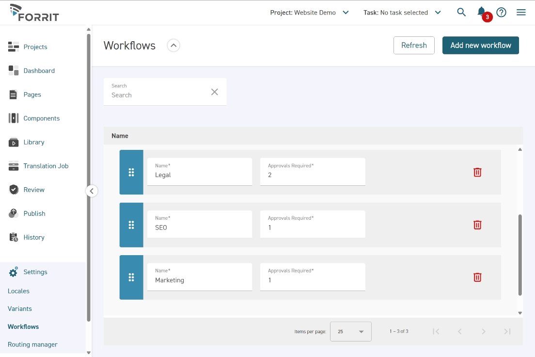 An image of the Forrit CMS user interface showing an example of workflow entries.