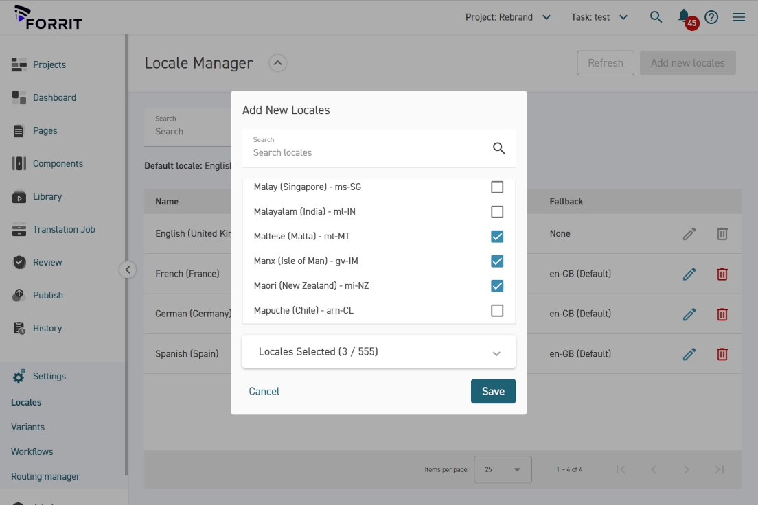 A screen shot showing how it's possible to choose up to 555 locales for translation